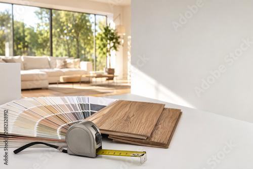 Modern Interior Design Elements: Wood Floor Samples, Color Palette, and Measuring Tape for Home Renovation