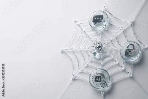 Glass spider web with security and AI icons. Space for text.