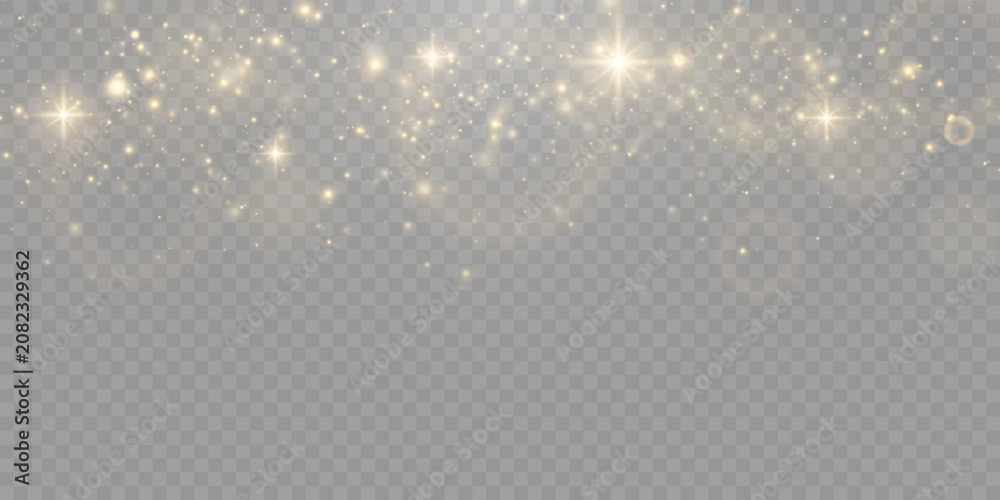 Fototapeta premium Golden glitter dust and shining stardust overlay set. Realistic magical glowing sparks, Christmas light particles and bright luxury bokeh effects on transparent png background.