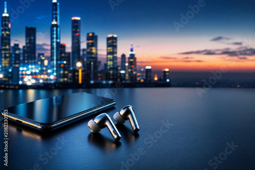 Modern Smartphone and Wireless Earbuds with Smart City Skyline at Dusk, Symbolizing Digital Connectivity