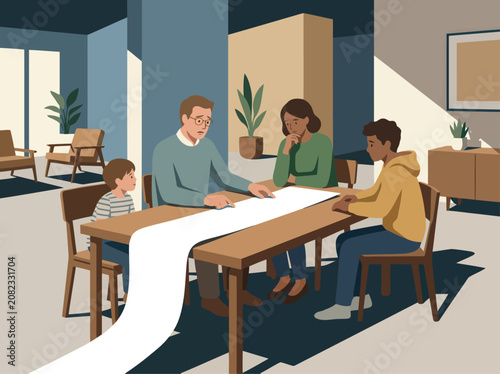 Photos A family discusses finances at a table, facing utility expenses and evident stress