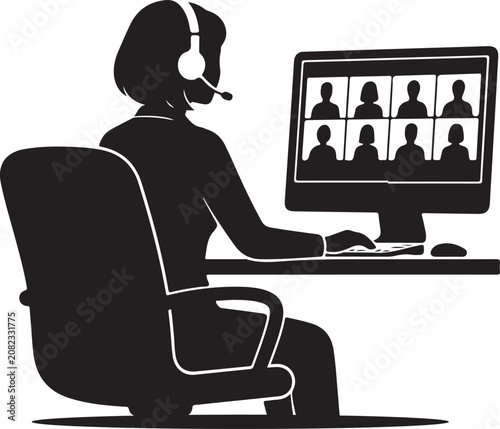 Black silhouette of person wearing headset sitting at desk with computer screen showing video conference  remote work concept