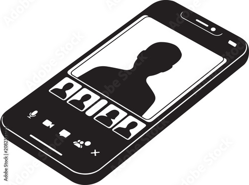 Black and white illustration of a smartphone with profile icons on screen and buttons