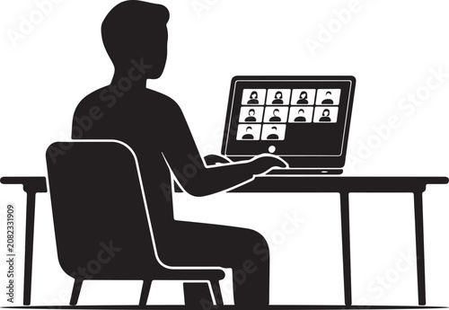 Man sitting at desk working on laptop with video conference on screen