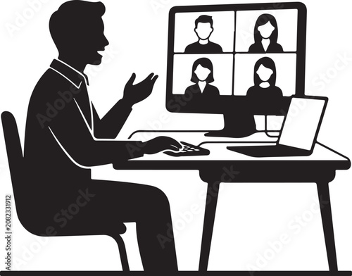 Man sitting at desk with computer and laptop in video conference meeting with people