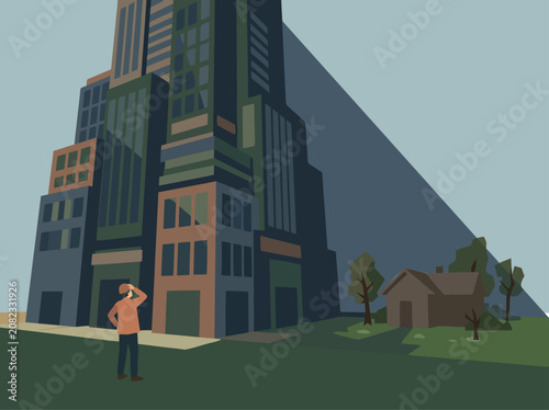 Fotografía stark illustration depicts a towering skyscraper juxtaposed with a humble rural