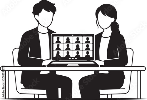 People sitting at desk with laptop for video conference meeting online  business team