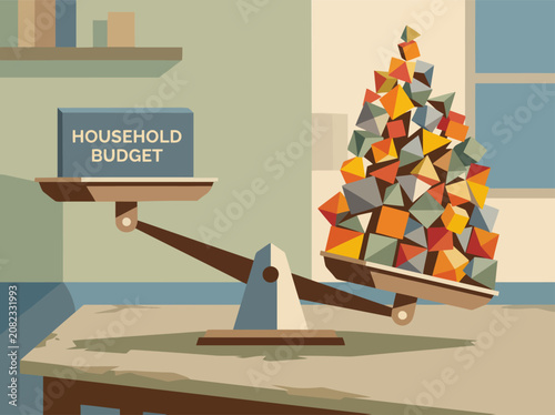 Konstfotografi A stylized illustration depicts a household budget straining under rising prices, creating a visual metaphor for economic pressure