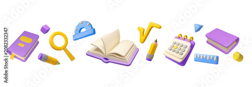 Bild auf Leinwand 3D school supplies vector set with open book, pencil, calendar, and math symbols