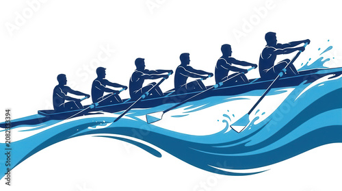Stylized illustration of a rowing team in synchronized motion cutting through blue waves, symbolizing teamwork, strength, endurance and competitive water sports.