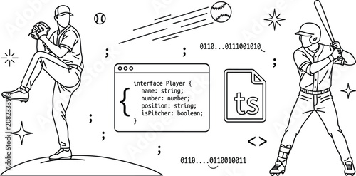 Tableau sur toile Baseball software development vector line art elements icon set with programming typescript code pitcher and batter players