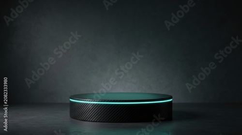 Black circular podium with glowing teal edge and carbon fiber texture on dark background ideal for product display and technology presentations