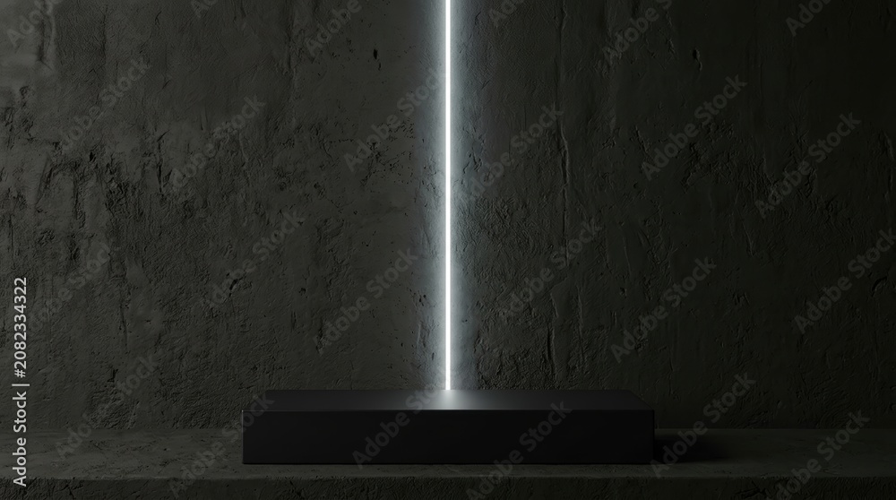 Obraz premium Black rectangular podium with vertical neon light beam on dark textured concrete background and platform ideal for product display