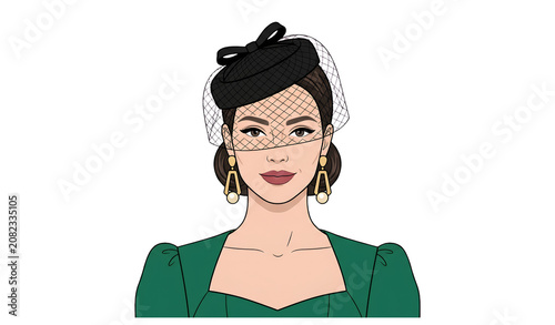 Glamorous Woman with Birdcage Net Veil PNG Luxury Fashion Beauty Portrait