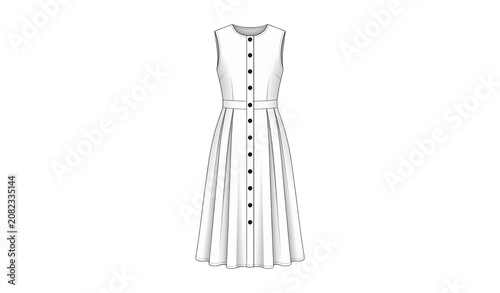 Elegant White Dress with Black Buttons PNG Fashion Apparel Illustration Isolated