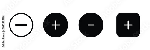 Photos Plus and minus icon set with solid circle and square symbols for web interfaces