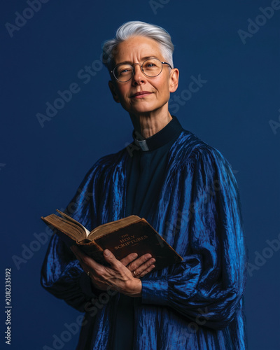 Senior Female Pastor with Glasses Holding Holy Scriptures Bible