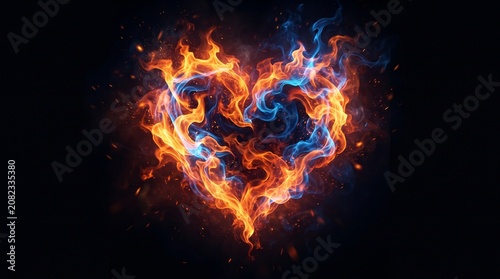 Heart Shape Made of Swirling Fire and Glowing Embers, Dramatic Orange Blue Flames on Black Background Digital Art