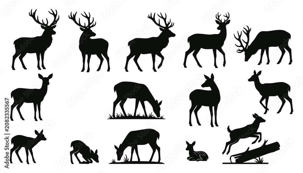 Fototapeta premium Deer Silhouette Set with Antlers and Woodland Poses in Black Vector Style for Hunting and Nature Icons