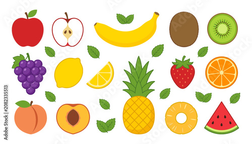Fruit Icons Vector Set with Colorful Apple, Banana, Pineapple, Citrus and Berries in Flat Style for Design