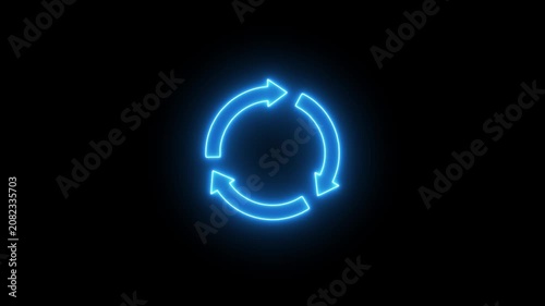 Cyan neon circular arrows rotation cycle animation on dark background