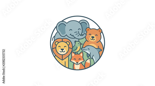 Cute cartoon animals in a circle, friendly wildlife illustration