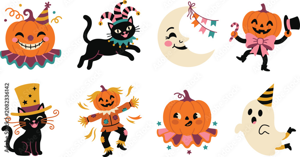Obraz premium Set of cute vintage style halloween illustrations featuring pumpkins black cats a ghost and a moon character for festive holiday season designs