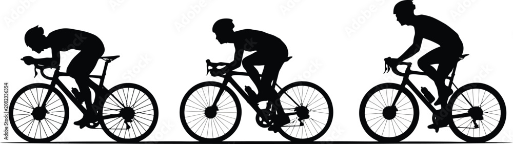 Obraz premium Silhouette of three cyclists in different riding positions on road bikes