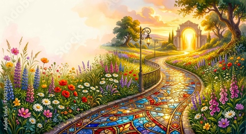 Stained-glass mosaic path way through a vibrant flower garden toward a glowing archway at sunset. Magic, serenity, romance, dreamy, fantasy landscape.