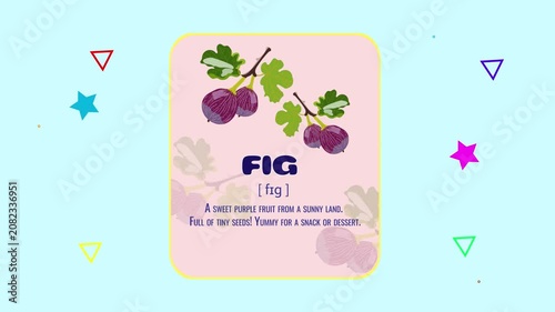 Fig fruit flashcard motion graphics animation with floating geometric shapes