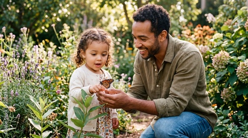 Candid shot of a diverse modern father and his young daughter sharing a moment of wonder while gently touching a Monarch butterfly on a leaf in a lush, sunlit garden.