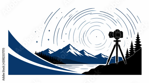 Fotografía Camera on tripod capturing star trails over mountains.