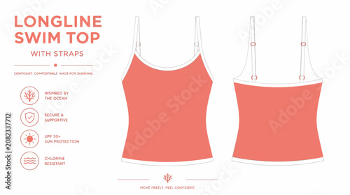Bild auf Leinwand Technical design of women's longline swim top with straps.