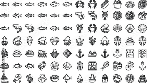 Cuadro en lienzo Seafood and Marine Products Line Icon Set Featuring Fish, Crabs, Lobsters, Shrim