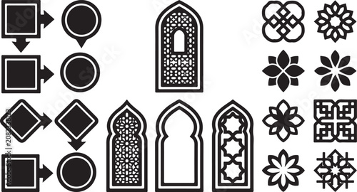 Set of black islamic geometric patterns and arabic style window frame icons