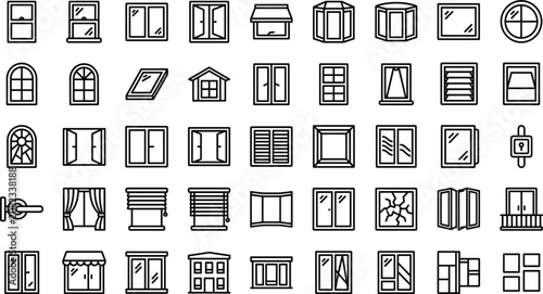 Window and Architecture Line Icon Set Featuring Blinds, Curtains, Glass Panes, and Frames for Interior Design, Construction, and House Exterior Graphics