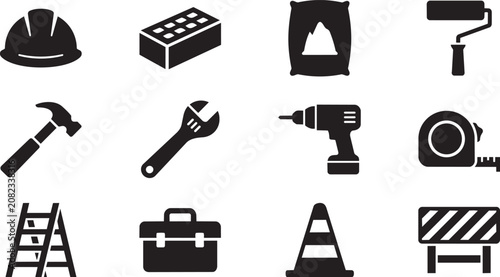 Obraz na plátně Construction icons, building tools, engineering symbols, industrial signs, 12 bl