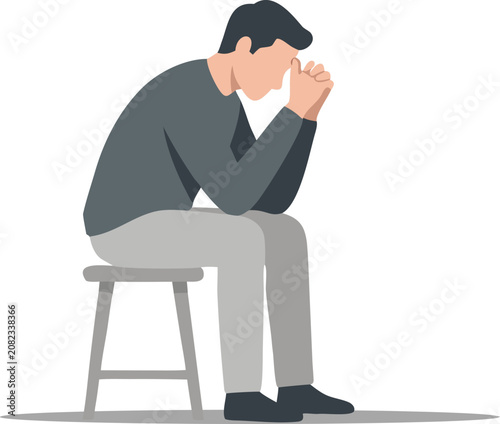 Depressed Sad Man Sitting Alone on Stool with Head Down Vector Illustration