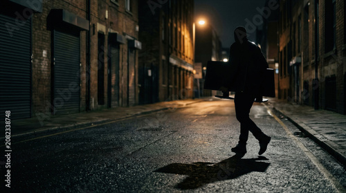 Thief walking through dark city street at night carrying stolen item. Criminal escaping crime scene after robbery. Suspicious man in shadows engaged in illegal activity and theft.