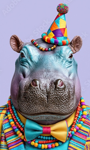 Cheerful hippo celebrates with vibrant festive attire
