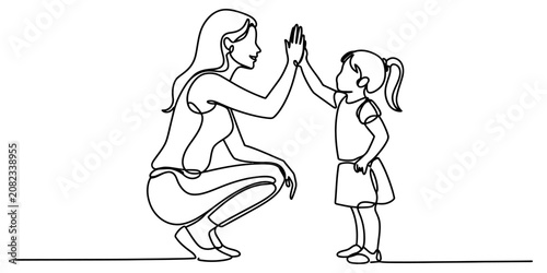 Foto Mother and daughter giving each other a high five in a simple continuous line dr