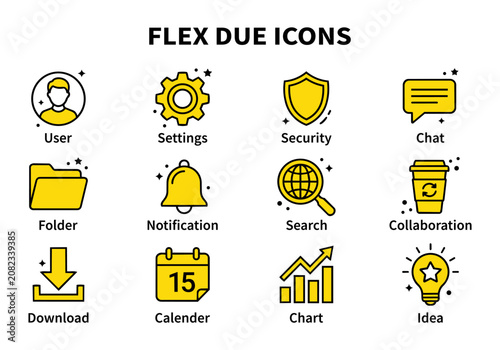 12 modern UI icons include user profile, settings gear, security shield, chat, folder files, notification bell, search globe, coffee, download, calendar date, analytics chart and idea lightbulb.