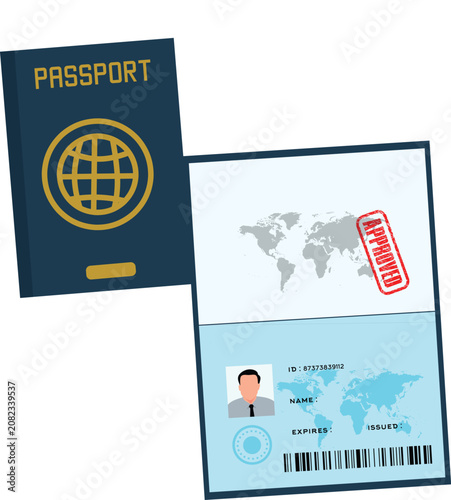 International Passport with Approved Stamp and ID Page Vector Illustration