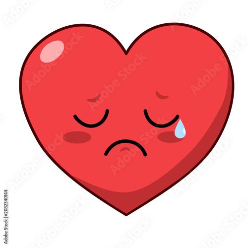 Cute sad heart cartoon with a single tear and unhappy expression. Emotional vector illustration representing heartbreak, sadness, loneliness, mental health and emotional support.