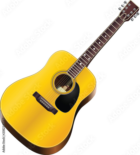 Realistic Yellow Acoustic Guitar with Wooden Body and Fretboard Vector Illustration