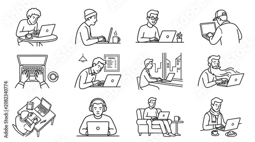 A collection of hand drawn illustrations featuring various people working on laptops in different settings.