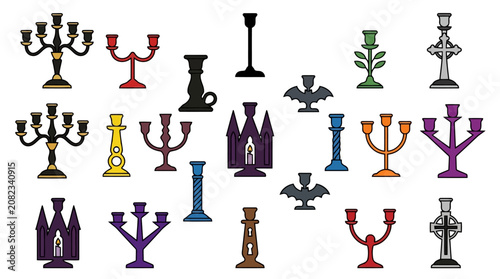 Tableau sur toile Set of colorful halloween candle holders with gothic and mystic motifs