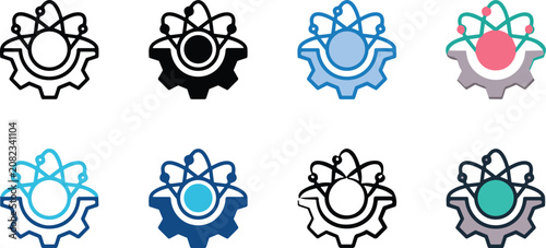 Photos Science technology innovation atom and gear icon set with variation of outline glyph flat color and line graphic design styles
