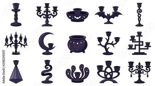 Картината върху платно Dark purple Halloween candelabra and decorative objects like moon, cauldron, and skull for festive design