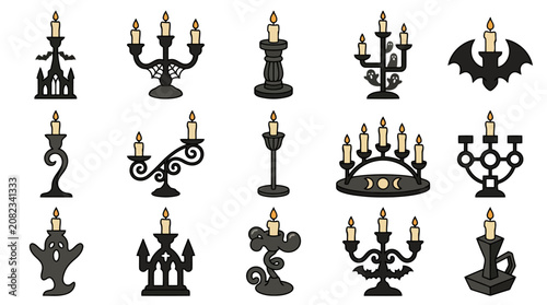Photos Set of decorative halloween candle holders and candelabras.